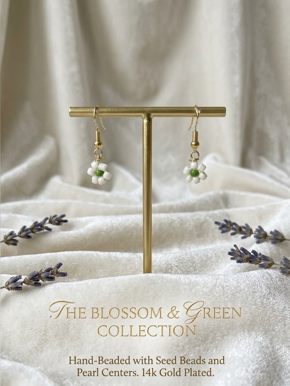 ❤️White and Green Daisy Flower Seed Bead Earrings — 14k Gold Plated
